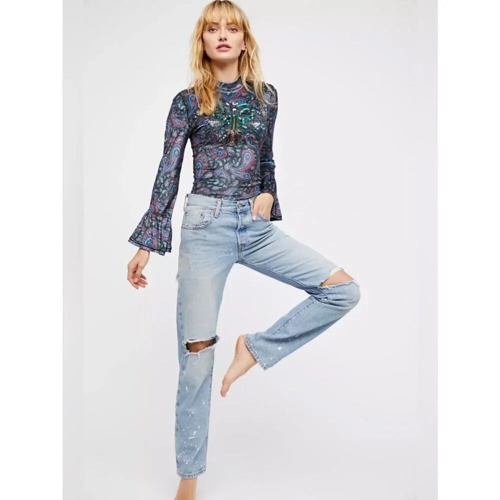 NWT Free People We The Free L'Amour Velvet Paisley Tee Mock Neck Top Size Medium